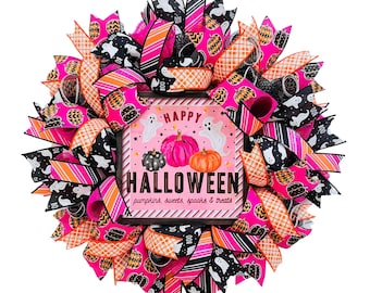 Pink Halloween Wreath, Ghost Wreath, Cute Halloween Decor, Spooky Front Door Decor,  Happy Halloween Wreath, Trick or Treat Decor
