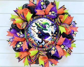 Halloween Wreath for Front Door, Black Cat Witch Wreath, Spooky Halloween Decor, Pumpkin Wreath, Purple Orange Mesh Wreath