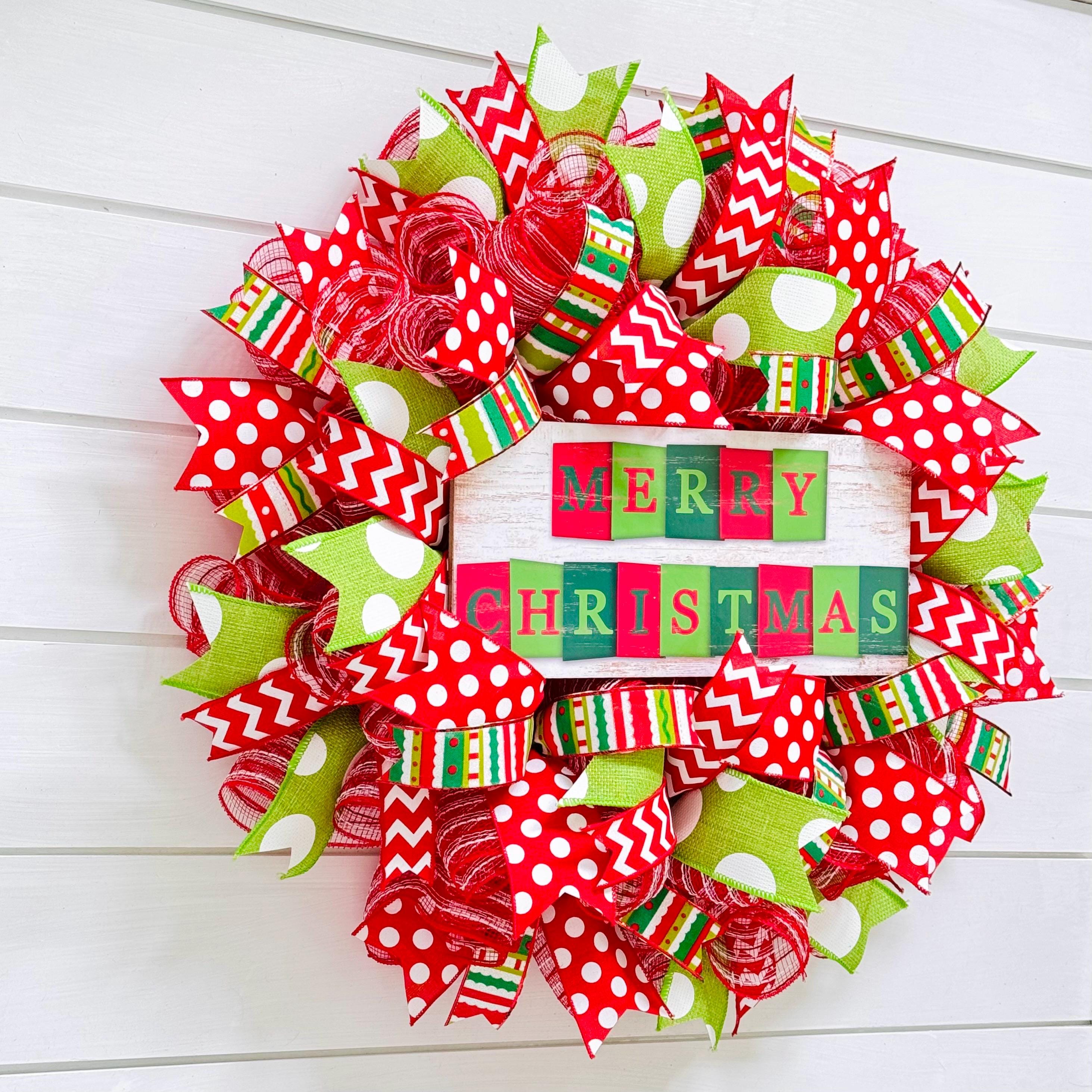 Red and Green Merry Christmas Wreath, Holiday Front Door Decor