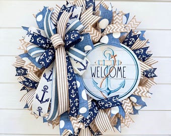Year Round Nautical Wreath for Front Door With Welcome Sign, Coastal ...