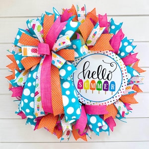 Hello Summer Popsicle Wreath for Front Door, Colorful Summer Wreath, Summer Party Decor, Bright Door Decor, Wreath with Popsicle Sign
