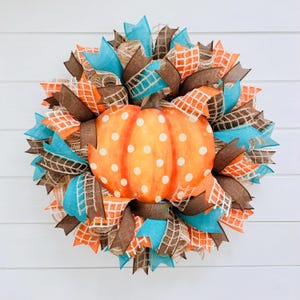 Fall Pumpkin Wreath for Front Door, Teal and Orange Autumn Harvest Wreath, Farmhouse Thanksgiving Door Decor, Polka Dot Pumpkin Wreath
