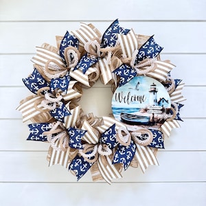 Nautical Welcome Wreath for Front Door, Lighthouse Coastal Decor, Beach House Wreath, Anchor Door Wreath, Ocean Theme Summer Decor