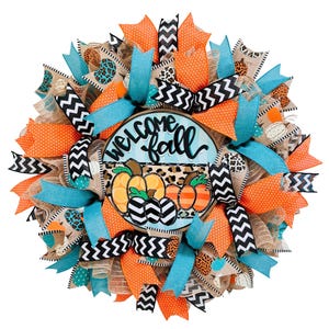 Fall Welcome Wreath for Front Door, Orange and Teal Pumpkin Wreath, Autumn Harvest Wreath, Fall Farmhouse Porch Decor, Thanksgiving Wreath