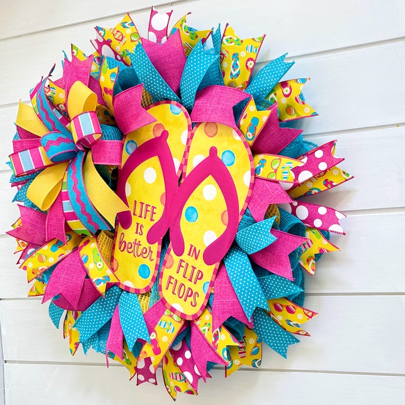 Flip Flop Wreath for Front Door – Bright Summer Wreath, Life is Better ...