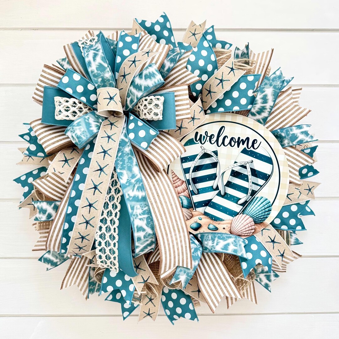 Beach Flip Flop Wreath for Front Door, Coastal Summer Wreath, Nautical ...