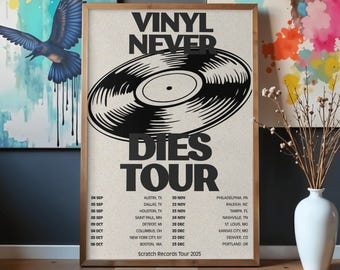 Vinyl Never Dies-tourposter • Muurkunst retromuziek • Vintage vinylafdruk • Digitale download
