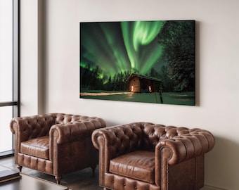 Aurora Borealis Canvas Print, Northern Lights Landscape, Cozy Room Decor