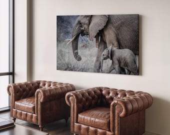 Elephant and Baby Canvas Print – Wildlife Wall Hanging