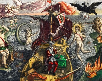 Gift for home - Battle between Francisco Poras and Columbus on Jamaica-  Grand voyages (1596) by Theodor de Bry (1528-1598) Canvas Art Print