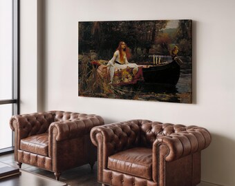 May include: A rectangular canvas print featuring a painting of a woman with long red hair sitting in a dark boat on a river, surrounded by reeds and trees. The artwork displays a somber color palette with deep browns, greens, and muted tones.