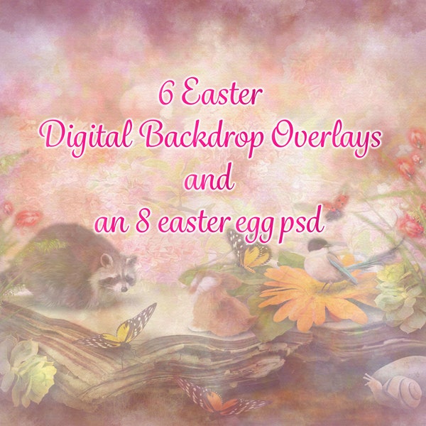 6 Easter themed Portrait Photoshop Backdrops, Overlay, cloud texture jpgs and Easter eggs