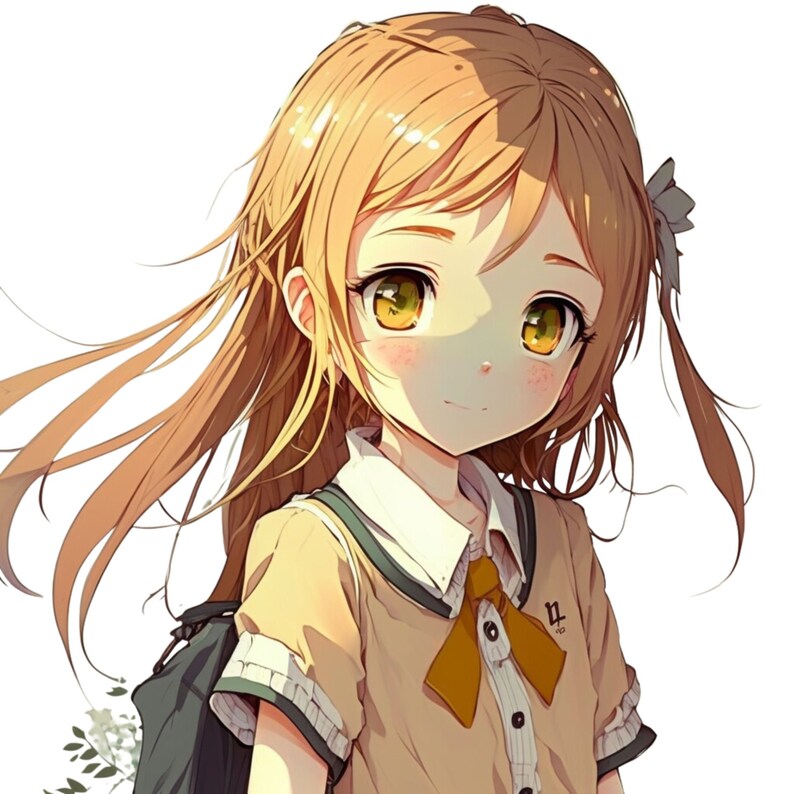 Op de afbeelding: Een jong meisje met lang, golvend blond haar draagt een lichtbruin schooluniform met een gele strik. Ze heeft een klein bloemetje in haar haar en glimlacht.