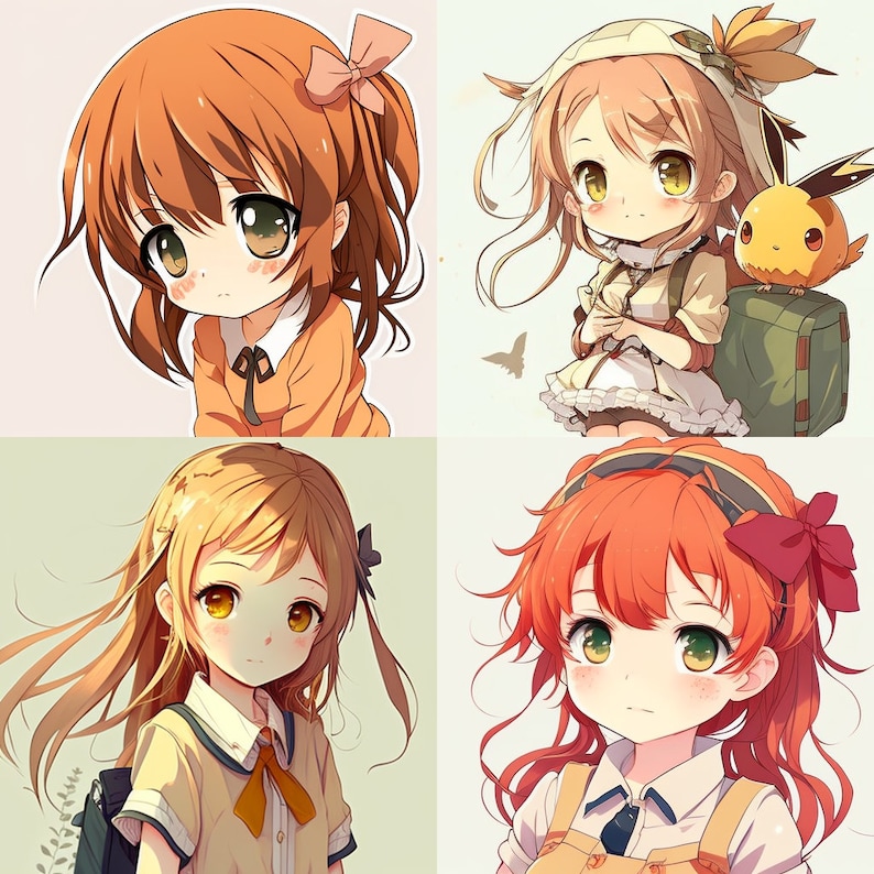 Op de afbeelding: Vier anime-meisjes met verschillende haarkleuren en outfits. De meisjes lachen allemaal en kijken naar de kijker. De achtergrond is licht pastelkleurig.