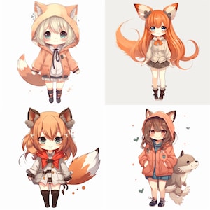 Op de afbeelding: Vier illustraties van anime-meisjes met vossenoren en -staarten. De meisjes dragen verschillende outfits, waaronder een capuchontrui, een witte jurk, een witte jas en een rode jas. De meisjes lachen allemaal en hebben grote ogen.