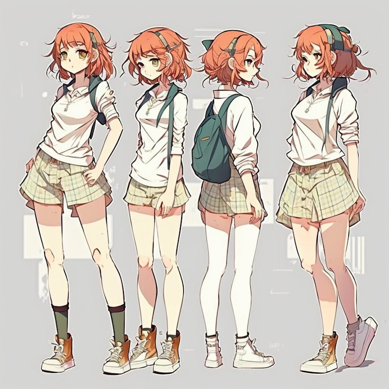 Op de afbeelding: Een digitale illustratie van een jonge vrouw met oranje haar die een wit shirt, een geruite rok en witte sneakers draagt. Ze wordt in drie verschillende poses getoond.