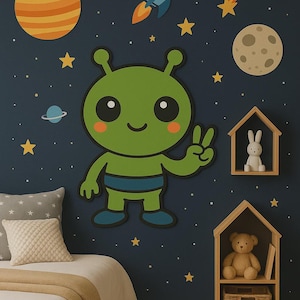 Alien Wall Art SVG | Space Theme Kids Room Decor | Laser Cut File | Glowforge Cricut XTool | UFO Outer Space Alien Decor SVG