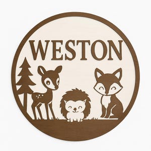 Woodland Nursery Sign SVG – Custom Name Round Sign – Laser Cut File – Woodland Animal Nursery Decor – Glowforge Ready – Digital Download