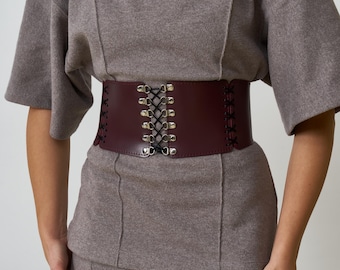 Cintura corsetto larga in pelle, Cintura corsetto larga in pelle da donna, Cinture eleganti in pelle da donna, Cintura corsetto bordeaux, Cintura corsetto in vera pelle