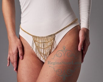 Chain thong, Chain panty, Rhinestone chain bikini, Gold thong, Rhinestone lingerie, Chain underwear, Chain lingerie, Waist chain jewelry