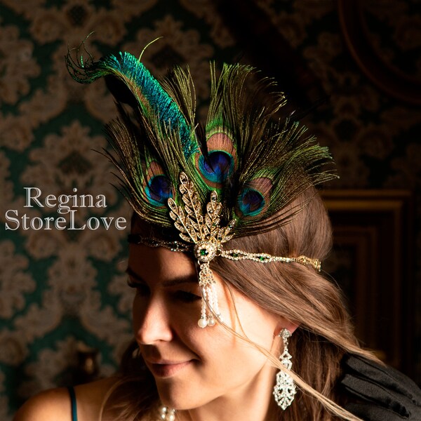 Bandeau en plumes pour femme, bandeau en plumes de paon, bandeau en plumes de paon, bandeau à clapet des années 1920, accessoires pour cheveux en plumes de paon