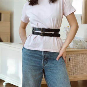 Black Leather Double Buckle Belt, Adjustable Strap Leather Belt Women, Double Strap Waist Belt, Plus Size Leather Belt, Genuine Leather belt