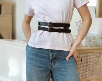 Black Leather Double Buckle Belt, Adjustable Strap Leather Belt Women, Double Strap Waist Belt, Plus Size Leather Belt, Genuine Leather belt