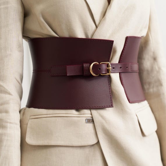 Leather Corset Belt Plus Size, Wide Leather Belt Burgundy  display picture 3