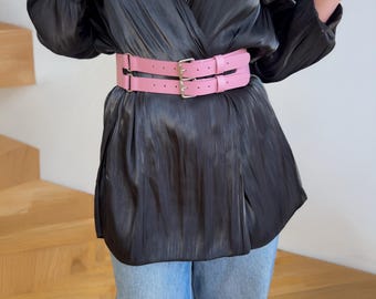 Double leather belt, Bright pink belt, Wide belt, Waist belt, Womens leather belt, Handmade belt, Dress belt, Stylish belts womens