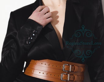 Double buckle leather belt, Wide waist belt, Leather corset belt for women, Under bust leather belt, Waist belt for dresses, Wide belt women