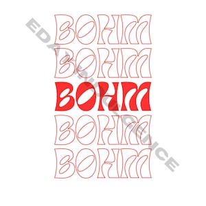 May include: Five stacked red letters spelling "BOHM" in a retro, psychedelic font style. The letters are outlined in white.