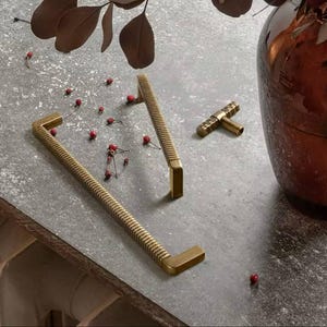 May include: Gold-toned cabinet hardware, including two long, rectangular pulls and a small T-shaped knob, are displayed on a gray surface. The pulls have a ribbed design. Red berries and brown leaves add a decorative touch to the scene.