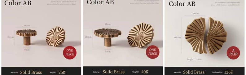 May include: Three brass cabinet knobs with a decorative, sunburst design. The knobs are available in two sizes: one piece, 6.35 cm in diameter, and one piece, 10.16 cm in diameter. The third knob is a pair, 5.08 cm in diameter. The knobs are made of solid brass and weigh 25g, 40g, and 126g, respectively.