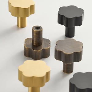 Puede incluir: Un juego de seis pomos de armario con forma de flor en tres acabados diferentes: dorado, latón y negro. Los pomos son todos del mismo tamaño y forma, pero tienen diferentes acabados.