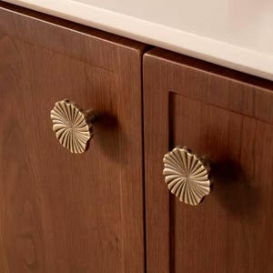 May include: Two wooden cabinet doors with brass flower-shaped knobs. The cabinet doors are a dark brown wood.