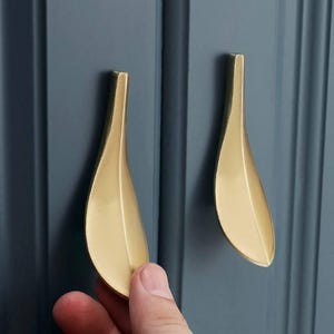 May include: Two gold leaf-shaped cabinet pulls mounted on a blue cabinet door.