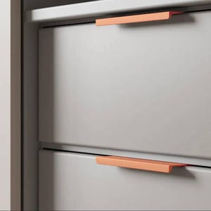 Op de afbeelding: Twee lades met een lichtgrijze afwerking en een modern, minimalistisch ontwerp. Elke lade heeft een rechthoekige, platte, koperkleurige trekknop.