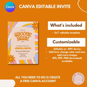 K&ouml;nnte beinhalten: Eine groovige Babyparty-Einladungsvorlage mit einem farbenfrohen psychedelischen Design. Der Text lautet "Groovy Baby Shower" und enth&auml;lt das Datum, die Uhrzeit und den Ort der Veranstaltung. Die Vorlage ist anpassbar und kann auf jedem Ger&auml;t bearbeitet werden.