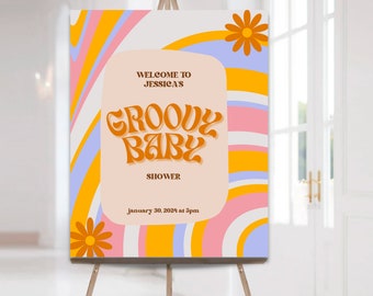 Groovy Retro Willkommensschild Baby Shower | 60er Jahre Babyparty | Blumen Retro Babyparty | 60er Jahre Hippie Babyparty | Canva Template | Jessica