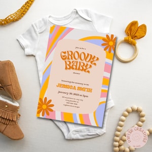K&ouml;nnte beinhalten: Eine Einladung zu einer Groovy Babyparty mit einem psychedelischen Design in Pink, Gelb und Blau. Die Einladung enth&auml;lt den Text "Join us for a Groovy Baby Shower" und das Datum "January 30, 2023 at 3pm".