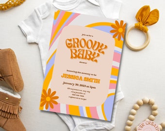 Groovy Retro Baby Shower Invite | 60s Baby Shower | Flower Retro Baby Shower | 60s Hippie Baby Shower | Canva Template | Jessica
