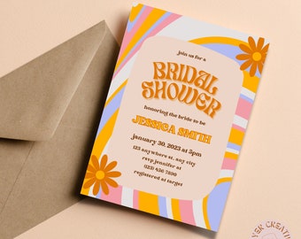Groovy Retro Brautparty Invite | 60er Jahre Brautparty | Blumen Retro Brautparty | 60er Jahre Hippie Brautparty | Canva Template | Jessica