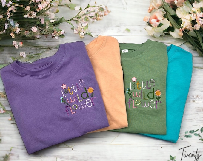 Kids embroidered crewneck wildflower pocket t-shirt, Embroidered flower shirt, Floral pocket tee, Comfort Colors tshirt, Matching shirts