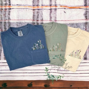 Embroidered crewneck wildflower pocket t-shirt, Embroidered flower shirt, Spring clothing, Floral pocket tee, Comfort Colors tshirt