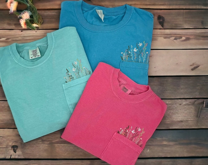 Embroidered crewneck wildflower pocket t-shirt, Embroidered flower shirt, Comfort Colors tshirt, Floral pocket tee, Embroidered flowers