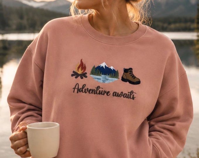 Embroidered Adventure Awaits Sweatshirt, Nature Lover Campfire Hiking Apparel