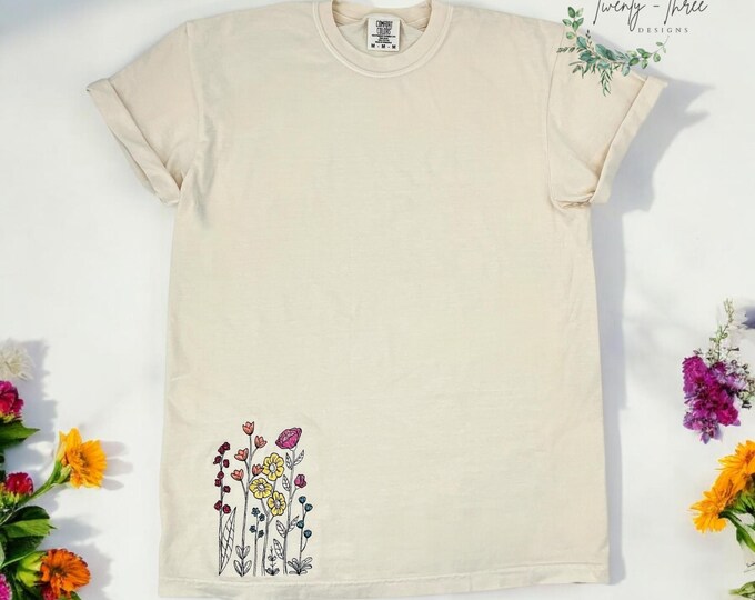 Embroidered crewneck wildflowers growing from hem, Embroidered flower shirt, Mother’s Day , spring & summer tee, Comfort Colors, plus sizes