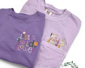 Mom and mini matching, Embroidered crewneck wildflower pocket t-shirt, Embroidered flower shirt, Floral pocket tee, Comfort Colors tshirt,