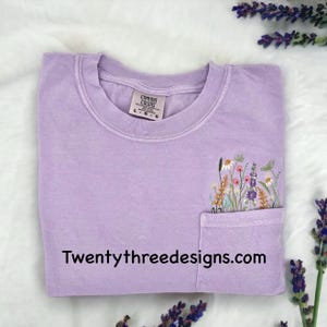 Embroidered crewneck wildflower pocket t-shirt, Embroidered flower shirt, Spring clothing, Floral pocket tee, Comfort Colors tshirt