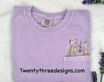 Embroidered crewneck wildflower pocket t-shirt, Embroidered flower shirt, Spring clothing, Floral pocket tee, Comfort Colors tshirt